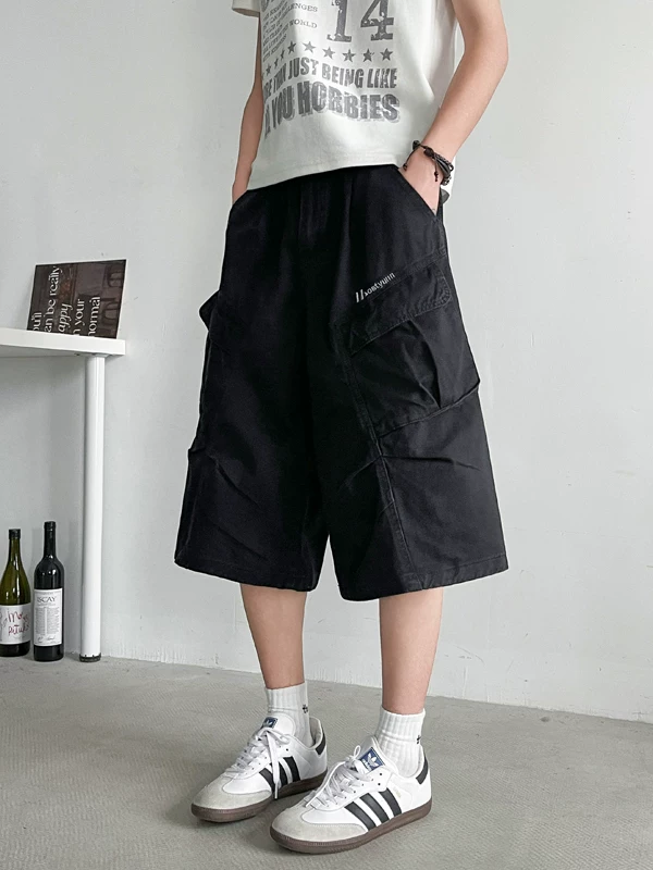 Quần short nam nhiều túi, thương hiệu thời thượng, dáng rộng, thiết kế xếp ly, quần ống đứng, quần short ống rộng mùa hè.