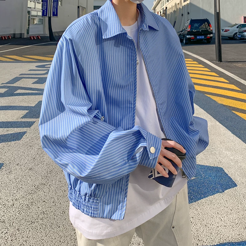 Áo khoác sọc ngắn kiểu Mỹ dành cho nam, áo dáng rộng hợp thời trang xuân thu, thiết kế Nhật Bản, áo khoác ngoài cá tính và sành điệu.