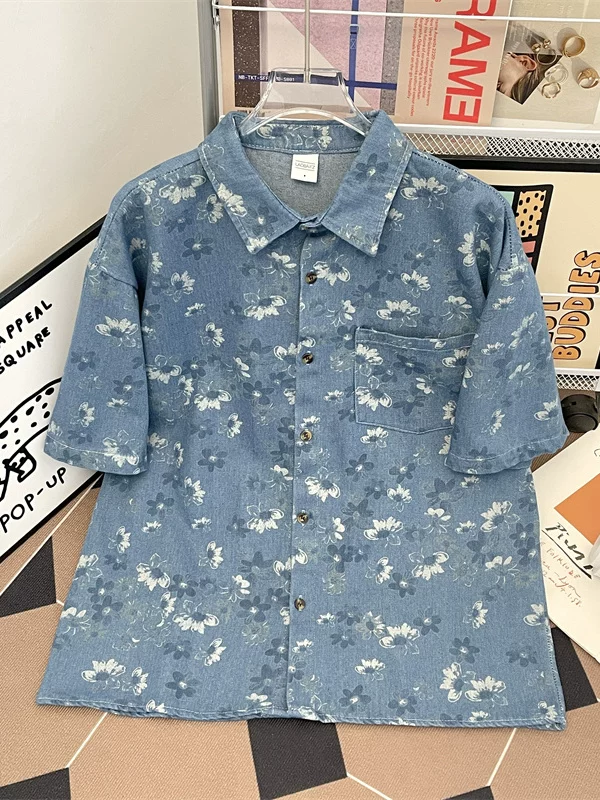 Áo sơ mi denim kiểu cổ điển Nhật Bản dành cho nam, áo sơ mi ngắn tay in hoa, áo khoác dáng rộng hợp thời trang mùa hè.