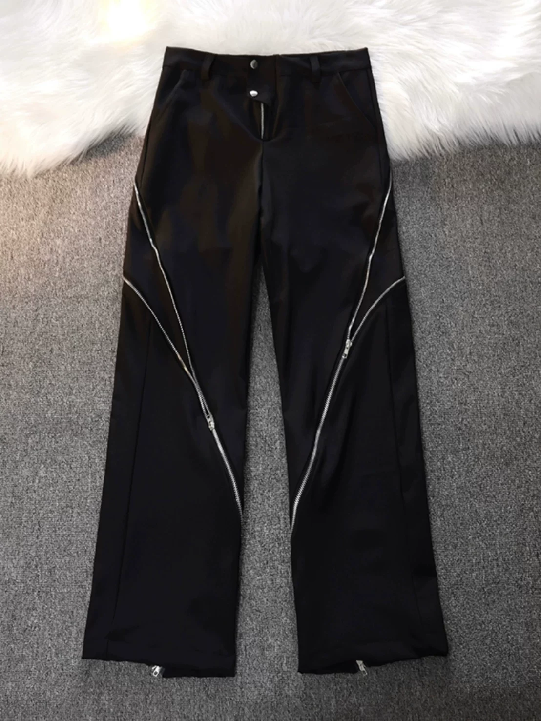 Quần thiết kế khóa kéo dành cho nam, quần dài ống loe phong cách đường phố thời thượng mùa xuân thu, quần âu dáng rộng thoải mái.