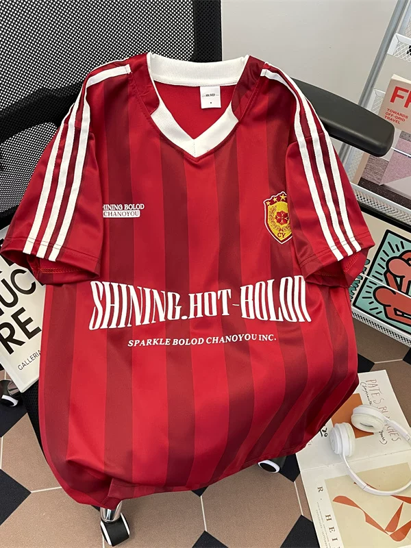 Áo thun thể thao sọc ngắn tay dành cho nam và nữ, áo thun cổ chữ V chất liệu lụa băng kiểu Mỹ cổ điển, áo thun cổ chữ V rộng rãi, nhanh khô mùa hè