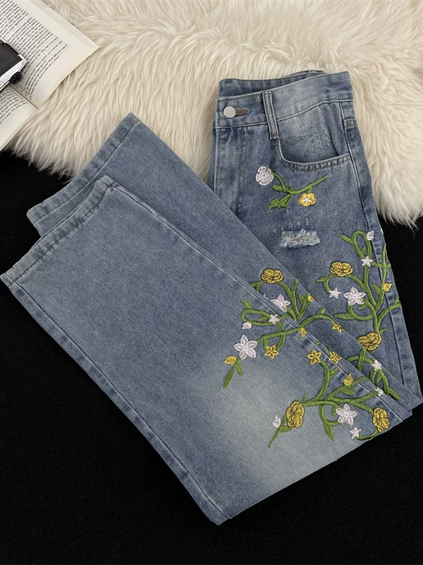 Quần jeans rách thêu hoa dành cho nam và nữ, quần ống đứng giặt mài theo xu hướng mùa thu, quần dài ống rộng đa năng phong cách đường phố.