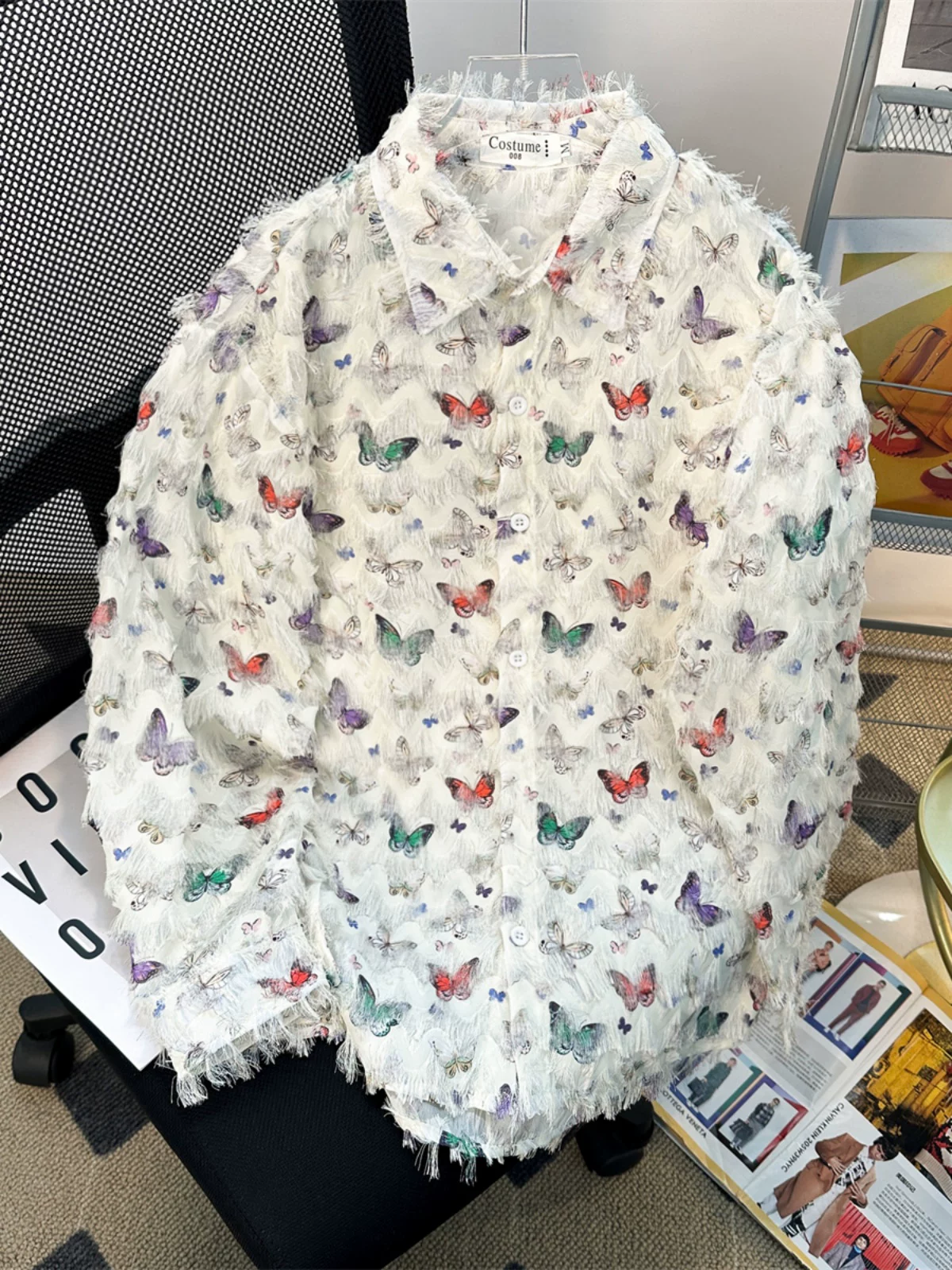 Áo sơ mi nam họa tiết bướm tua rua, tay dài, thiết kế độc đáo mùa hè, áo thời trang Mỹ, áo khoác cặp đôi.