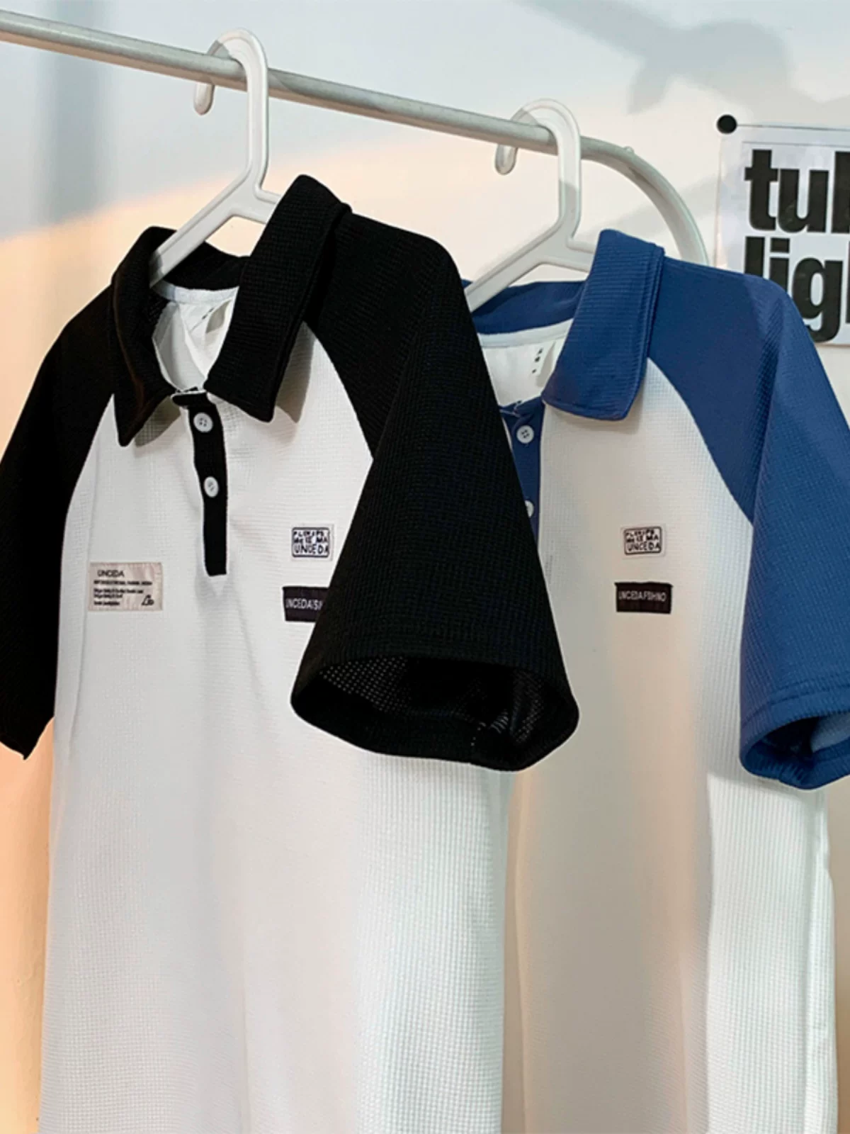 Áo polo tay raglan phối màu cho nam, áo thun ngắn tay vải waffle hợp thời trang mùa hè, áo đôi rộng rãi phong cách Mỹ Hồng Kông.