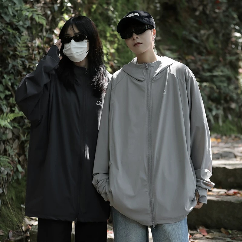 Quần áo chống nắng bằng vải lụa băng dành cho cặp đôi, áo khoác da mỏng có mũ trùm đầu mùa hè, áo khoác chống tia UV ngoài trời hợp thời trang dành cho nam giới.
