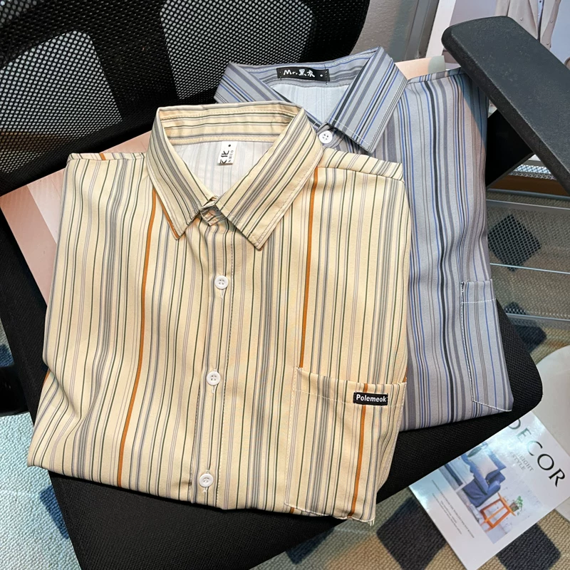 Áo sơ mi nam sọc dọc tay dài, phong cách Hồng Kông retro, áo kiểu Hàn Quốc thời trang xuân thu, dáng rộng lịch lãm.