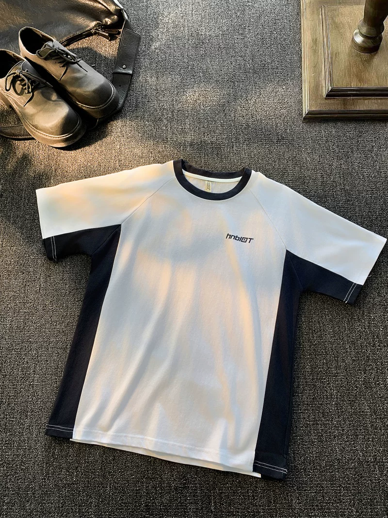 Áo thun ngắn tay kiểu Mỹ cổ điển phối vải chắp vá dành cho nam và nữ, áo thun cơ bản rộng rãi, thời trang, chất liệu cotton dày dặn, mùa hè.