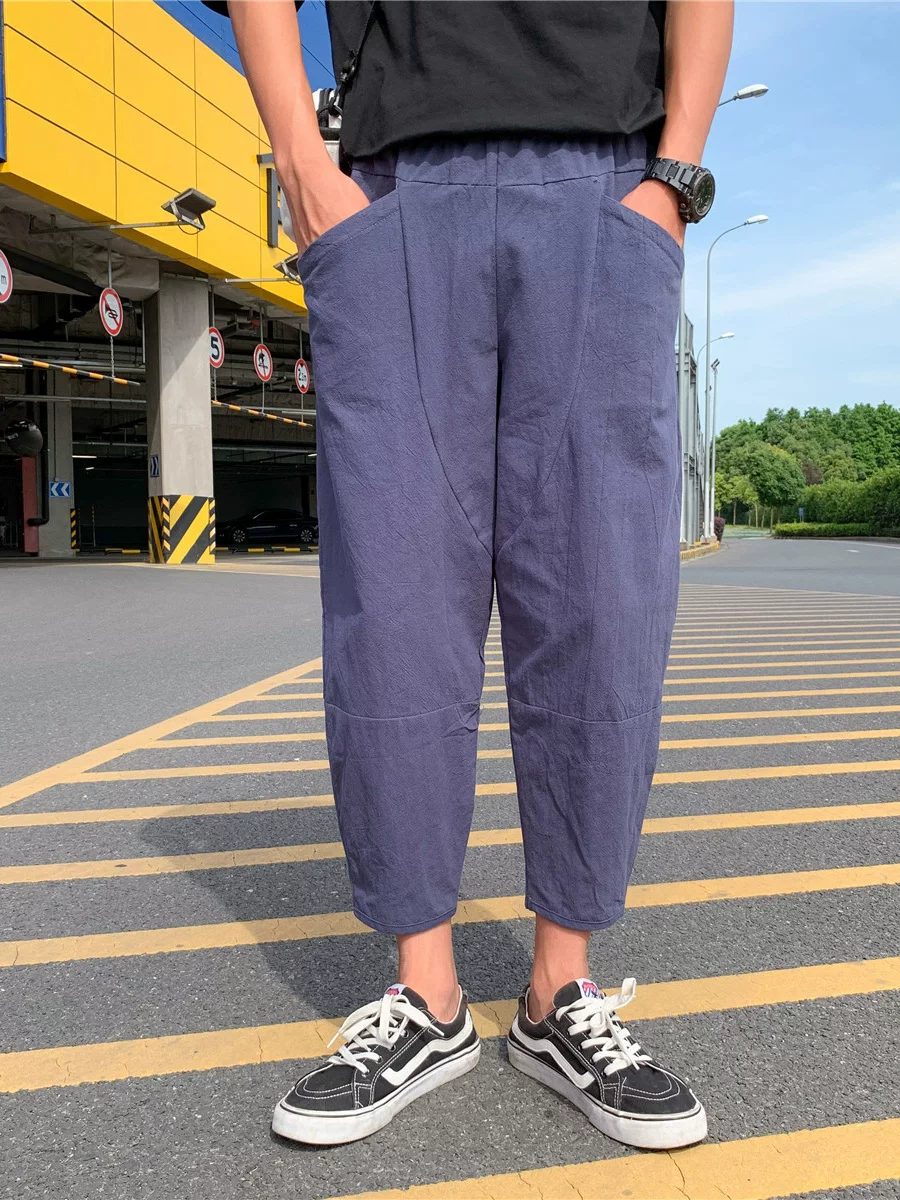 Quần ống đứng màu trơn mỏng phong cách Harajuku mùa hè dành cho nam, quần lửng thời trang Nhật Bản, dáng rộng, dài 9/10, quần thường ngày