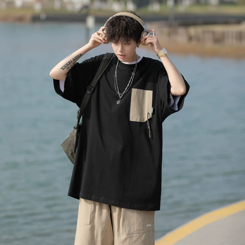 Áo thun ngắn tay chắp vá kiểu Nhật dành cho nam, phong cách mùa hè, dáng rộng đơn giản, áo kiểu giản dị hợp thời trang đa năng dành cho học sinh.