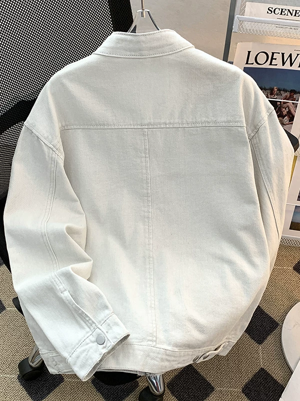 Áo khoác denim kiểu Mỹ dành cho nam, áo khoác vải canvas giặt mài thời thượng, áo khoác công sở dáng rộng cổ đứng cho mùa xuân và mùa thu.