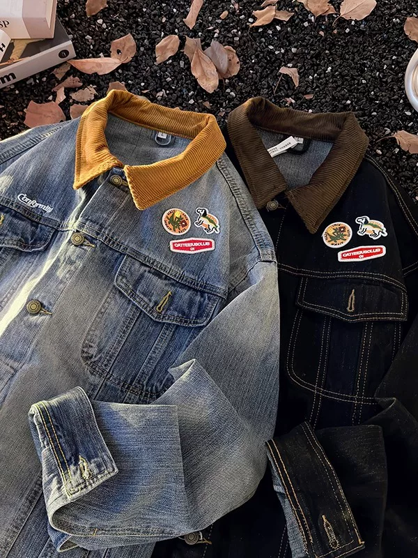 Áo khoác denim thêu họa tiết mùa xuân thu dành cho nam, áo khoác kiểu workwear phối màu thời thượng, áo kiểu Mỹ cổ điển, phong cách casual.