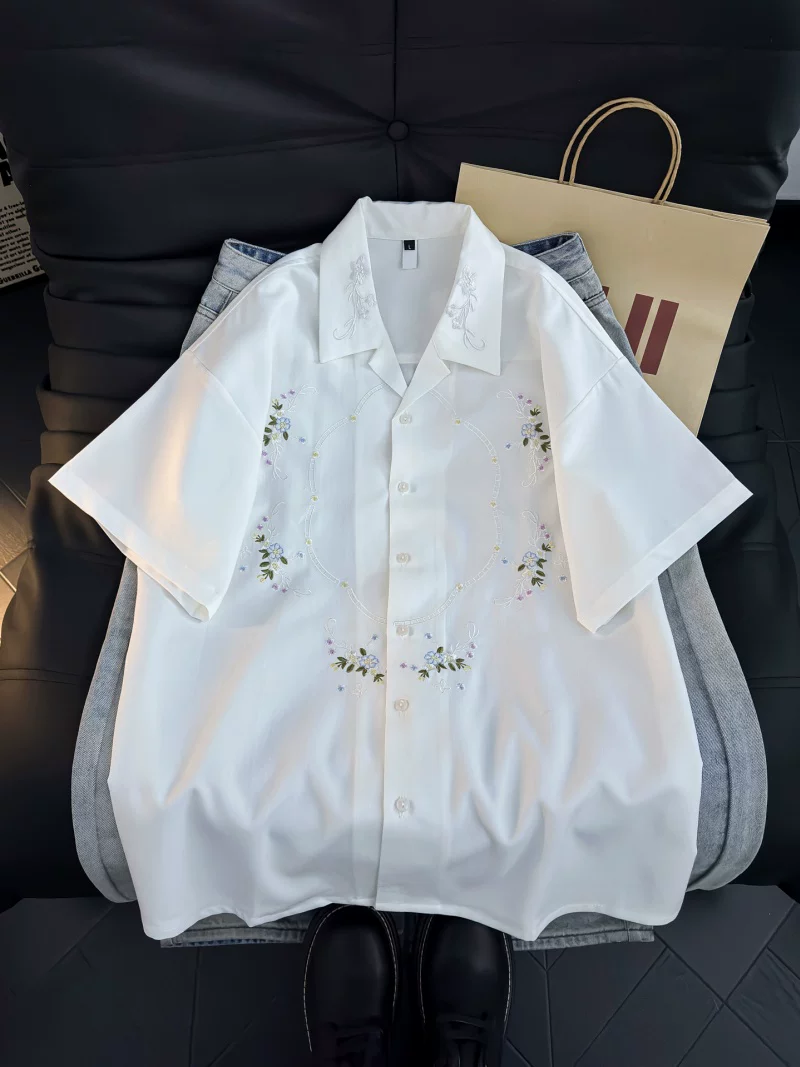 Áo sơ mi ngắn tay thêu hoa phong cách Mỹ dành cho nam, áo kiểu dáng rộng cổ bẻ hợp thời trang, áo khoác sơ mi thường ngày mùa hè.