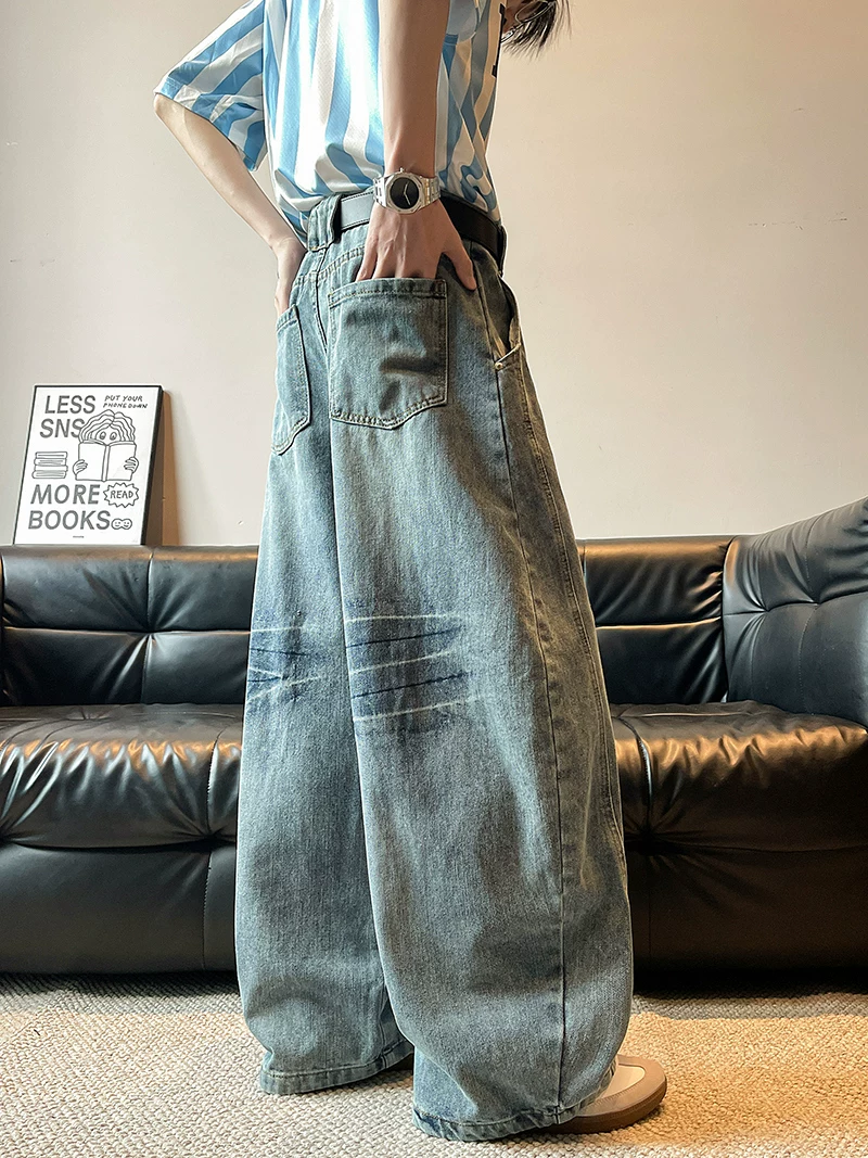 Quần jeans dáng rộng thùng thình kiểu scimitar dành cho nam, phong cách vintage Mỹ thời thượng mùa xuân thu, quần ống rộng dài chạm đất.
