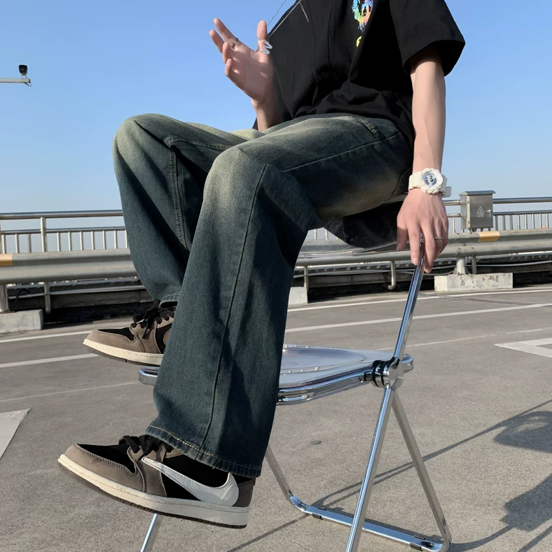 Quần jeans retro Mỹ dành cho nam, quần ống rộng dài chạm đất mùa hè, quần ống đứng thời thượng phong cách đường phố với chất liệu mềm mại.