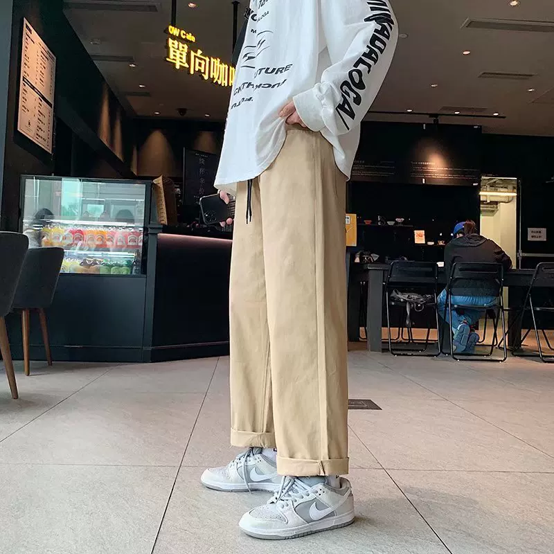 Quần công sở màu trơn phong cách Nhật Bản dành cho nam, quần ống rộng dáng suông hợp thời trang, quần dài ống đứng đa năng cho mùa thu đông.