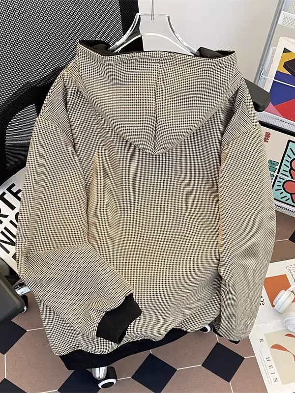 Áo len cardigan họa tiết răng cưa dành cho nam và nữ, áo khoác dáng rộng phong cách Mỹ thời thượng mùa thu đông, áo khoác có mũ thiết kế có thể đảo ngược.