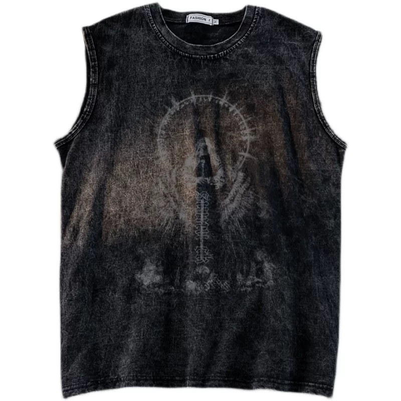 Áo vest vintage mùa hè dành cho nam, áo ba lỗ in họa tiết thời thượng, phong cách Mỹ phóng khoáng, áo thun không tay cá tính và sành điệu.
