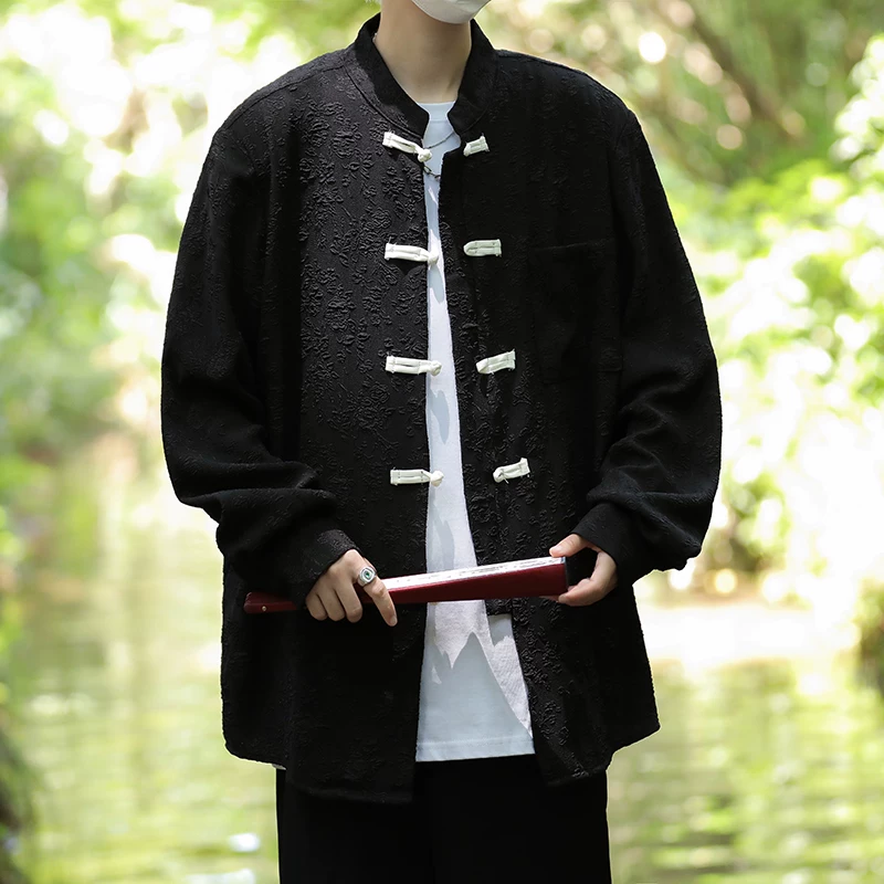 Áo sơ mi nam kiểu Trung Quốc mới, cổ đứng, chất liệu jacquard, tay dài, kiểu áo Đường truyền thống, áo sơ mi dáng rộng thời trang thu mới, có khuy cài.