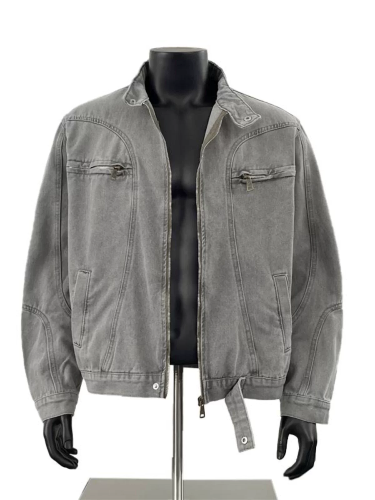 Áo khoác denim cổ đứng có khóa kéo dành cho nam, phong cách xuân thu, kiểu dáng thời thượng, phong cách đường phố, dáng rộng, áo khoác ngắn chất liệu washed.