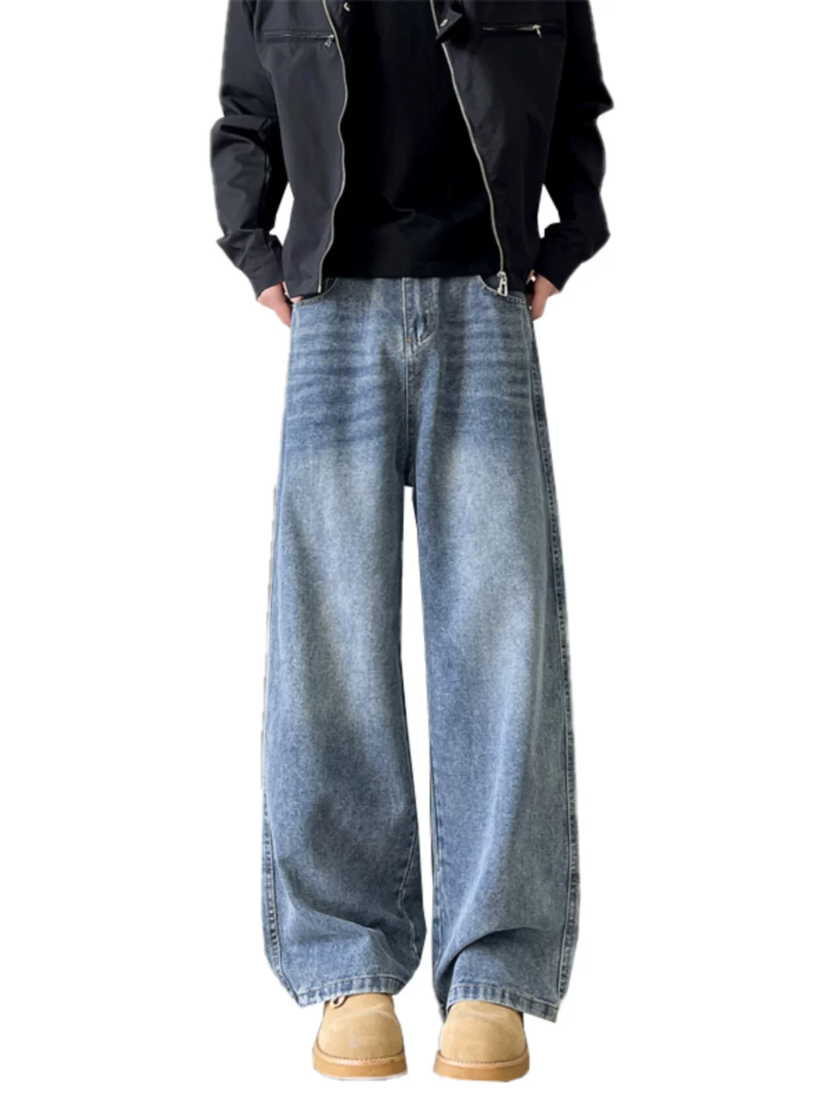 Quần jeans nam vintage đã qua xử lý, dành cho mùa thu đông, phong cách retro Mỹ, thương hiệu thời thượng, quần dài ống rộng thoải mái.