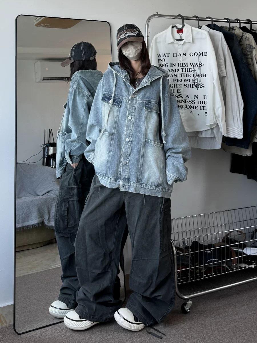 Áo khoác denim cổ điển của Mỹ dành cho nam, áo khoác có mũ rộng rãi, áo khoác thường ngày được giặt mài theo xu hướng mùa xuân thu.