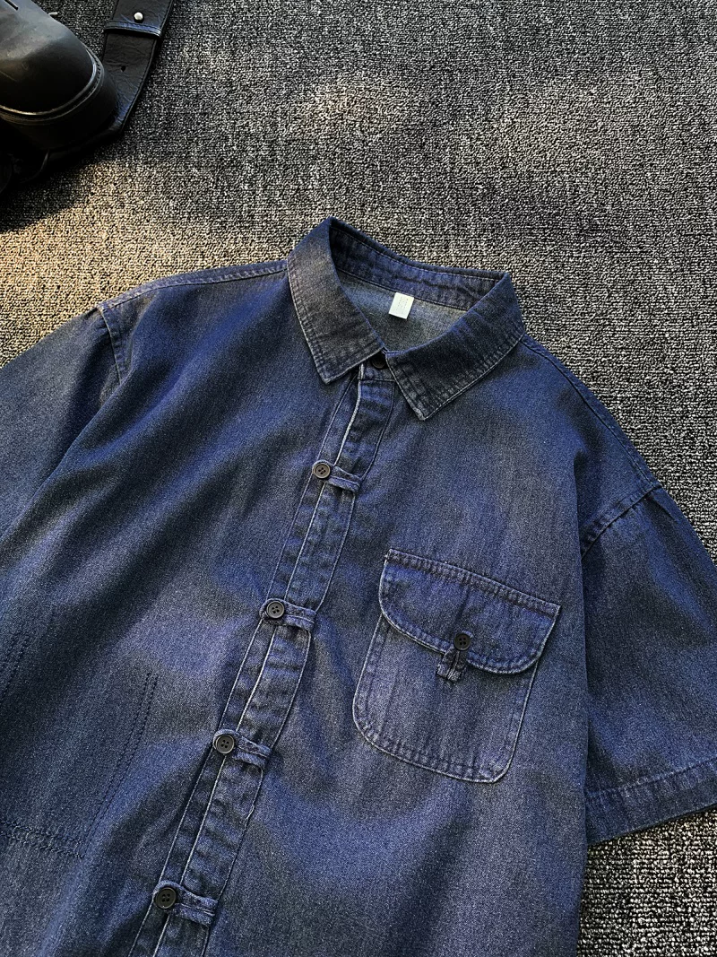 Áo sơ mi denim nam tay ngắn, kiểu dáng rộng rãi, thời trang mùa hè, có khuy cài, phong cách áo khoác công sở Mỹ.