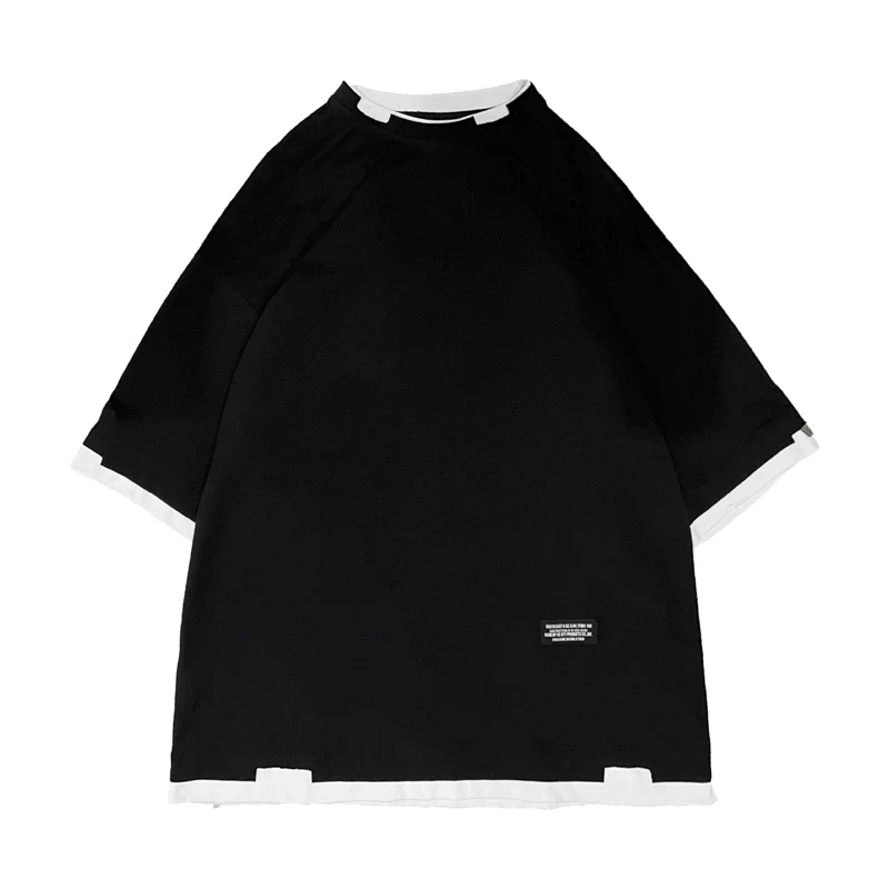 Áo thun giả hai mảnh tay ngắn dành cho nam, phong cách Hồng Kông, áo nửa tay rộng rãi hợp thời trang, áo thun tay lửng mùa hè sành điệu.