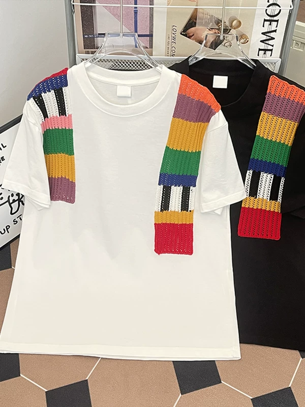 Áo thun nam tay ngắn phối màu len cầu vồng, áo thun cotton dày dặn mùa hè, áo thun cặp đôi thời trang dáng rộng thương hiệu nổi tiếng.