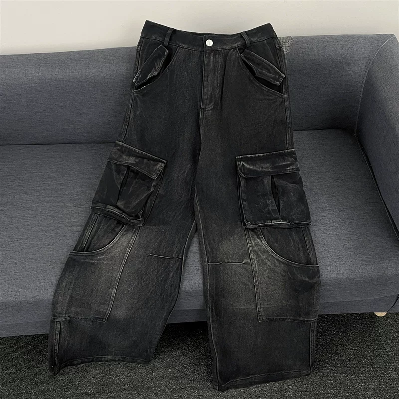 Quần jean nam phong cách đường phố Mỹ, nhiều túi, kiểu dáng retro thời thượng, ống rộng, quần dài chạm đất, dáng rộng thoải mái dành cho sinh viên.