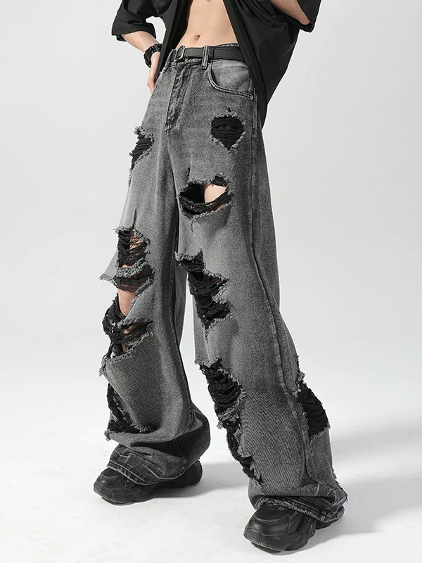 Quần jean rách cho nam, thương hiệu thời thượng mùa thu, dáng rộng, quần ống rộng cổ điển, phong cách đường phố Mỹ, quần ống đứng dài chạm sàn.