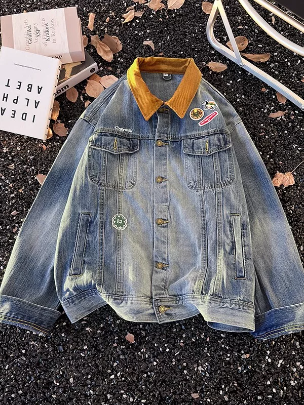 Áo khoác denim thêu họa tiết mùa xuân thu dành cho nam, áo khoác kiểu workwear phối màu thời thượng, áo kiểu Mỹ cổ điển, phong cách casual.