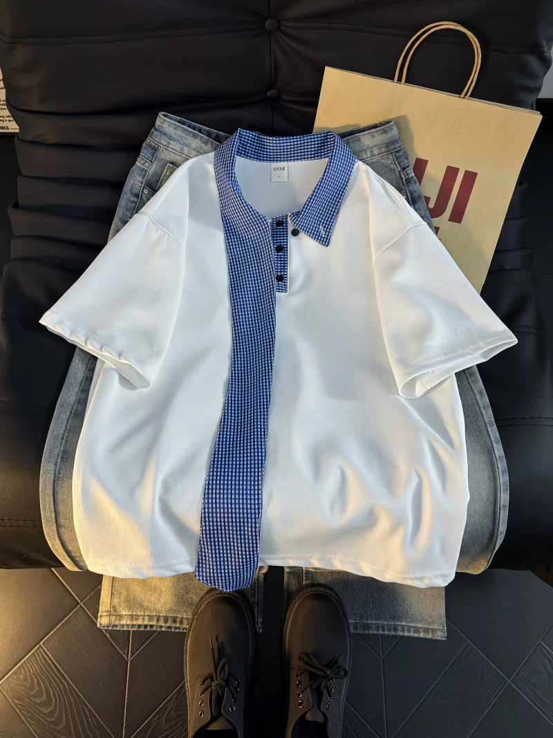 Áo Polo ngắn tay phối họa tiết kẻ caro dành cho nam và nữ, áo thun tay lửng dáng rộng thời trang mùa hè, áo kiểu Mỹ đa năng phong cách thường ngày