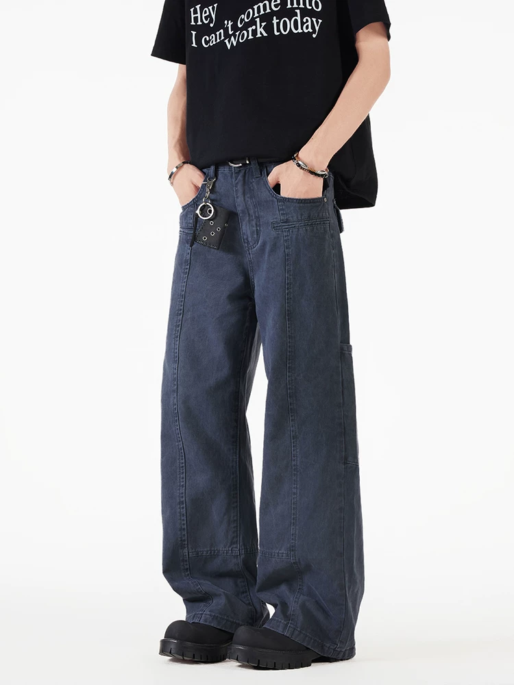 Quần jean công sở hai túi kiểu vintage đã qua giặt cho nam, quần cotton ống đứng mùa hè, quần ống rộng dáng rộng phong cách đường phố, hợp thời trang.
