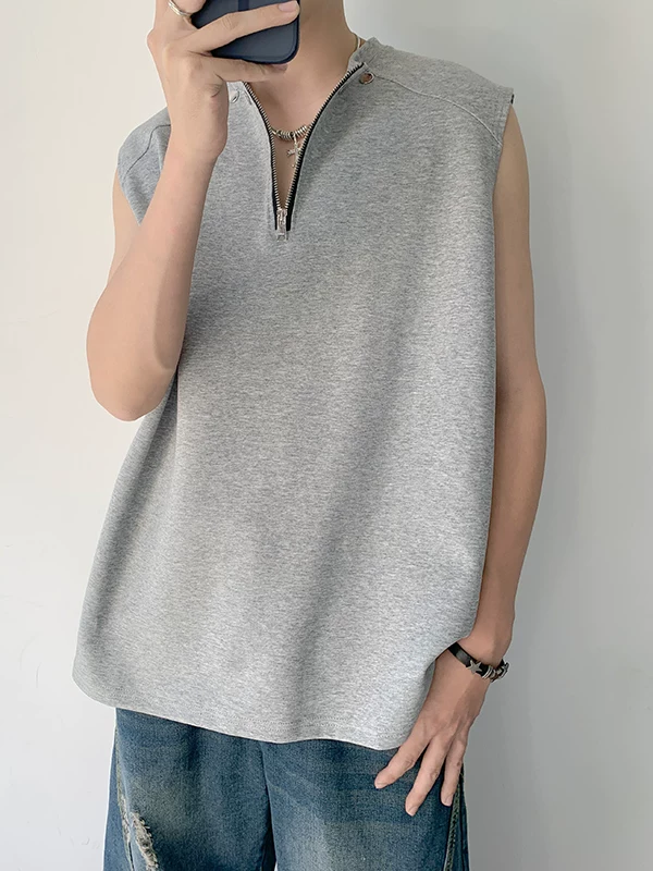Áo vest nửa khóa kéo dành cho nam, thiết kế thời trang mùa hè, áo thun không tay, kiểu dáng thể thao gọn gàng, cá tính.
