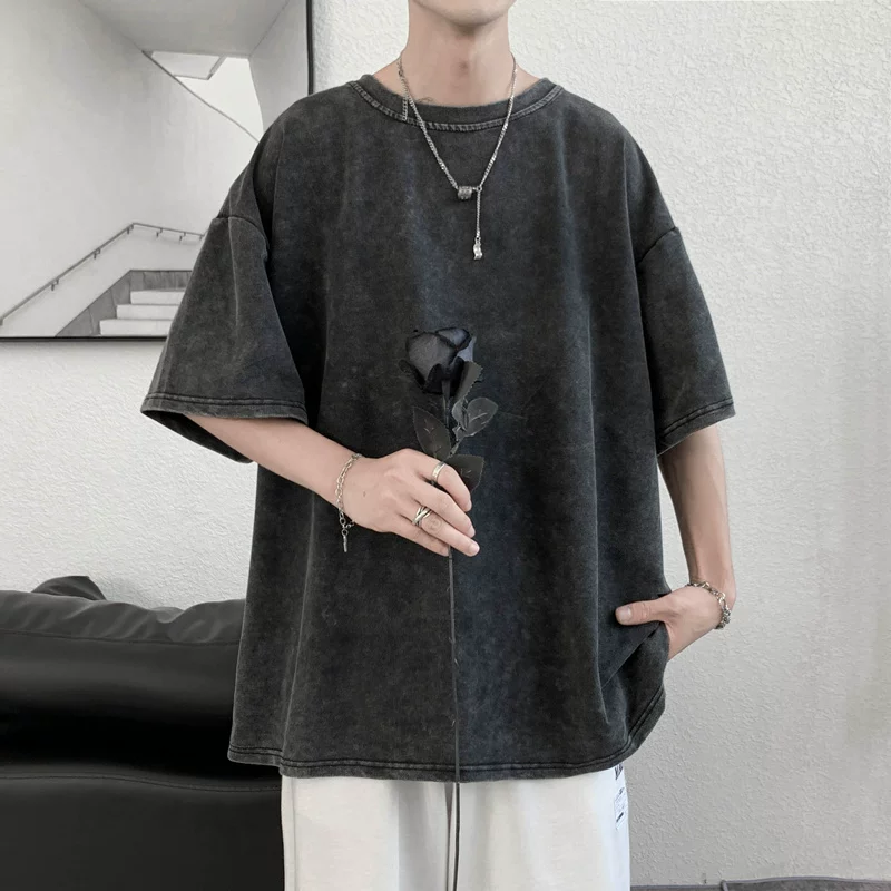 Áo thun ngắn tay cho nam, áo thun kiểu Hồng Kông thời thượng, dáng rộng, phong cách retro, rách nhẹ, áo thun tay lửng đa năng, mát mẻ mùa hè.