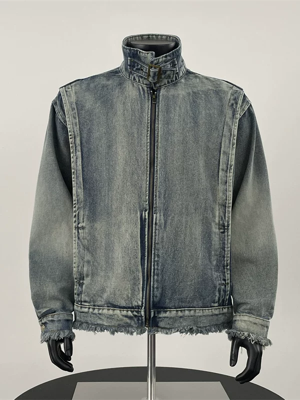 Áo khoác denim rách cá tính dành cho nam, áo khoác phong cách đường phố Mỹ, áo khoác thương hiệu thời thượng dáng rộng cổ đứng dành cho mùa xuân và mùa thu.
