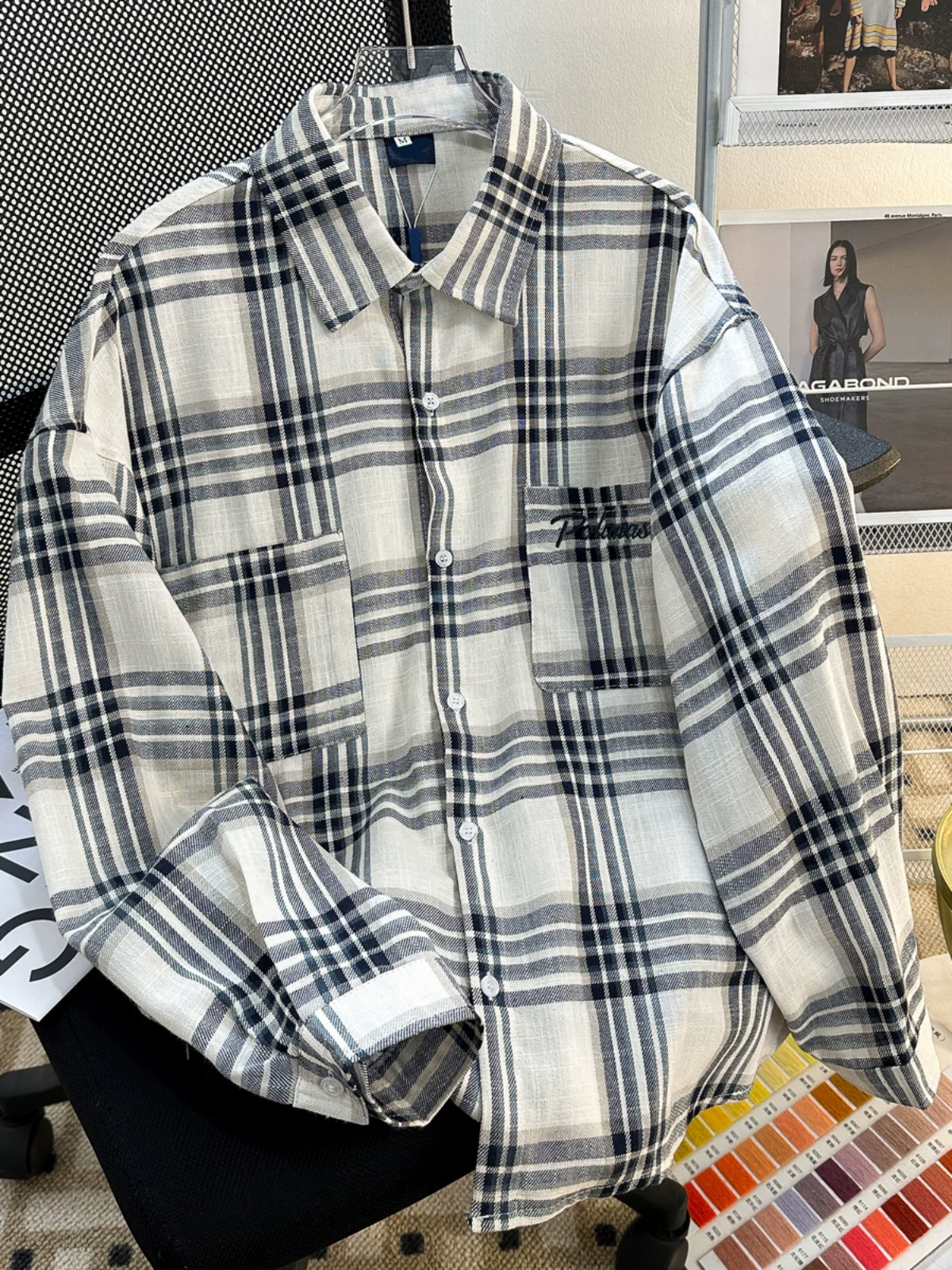 Áo sơ mi kẻ sọc thương hiệu thời thượng mùa xuân thu dành cho nam, áo sơ mi dài tay dáng rộng đẹp trai, áo khoác cặp đôi phong cách retro Mỹ