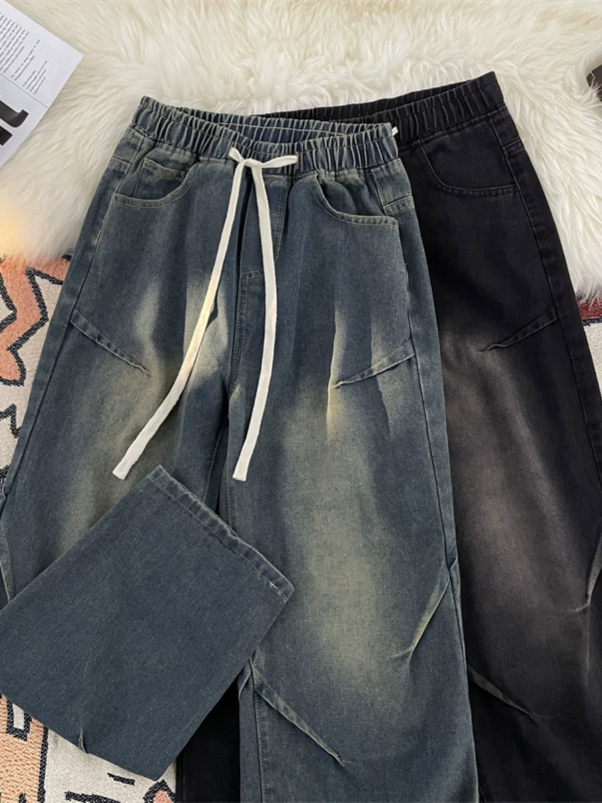 Quần jeans nam phong cách Mỹ mùa thu đông, quần dài ống rộng dáng suông đa năng, chất liệu vintage, có dây rút, thương hiệu thời thượng.