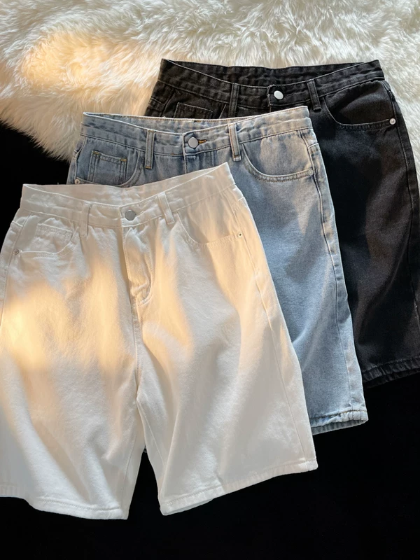 Quần short denim màu trơn cho nam, phong cách Harajuku, quần lửng rộng rãi thoải mái, quần short ống thẳng đa năng hợp thời trang mùa hè.