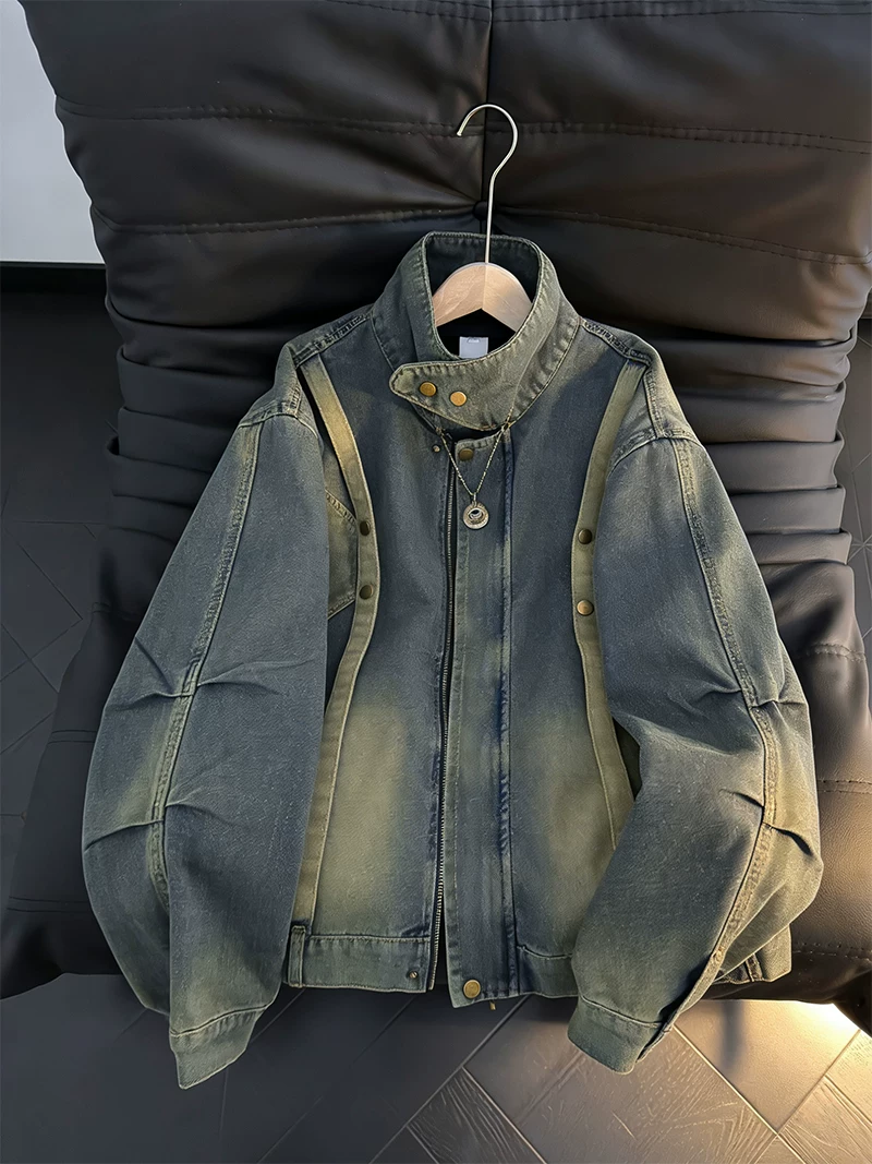 Áo khoác denim cổ đứng có thể giặt được dành cho nam, áo khoác có khóa kéo dáng rộng hợp thời trang mùa xuân thu, áo khoác cao cấp và phong cách Mỹ.