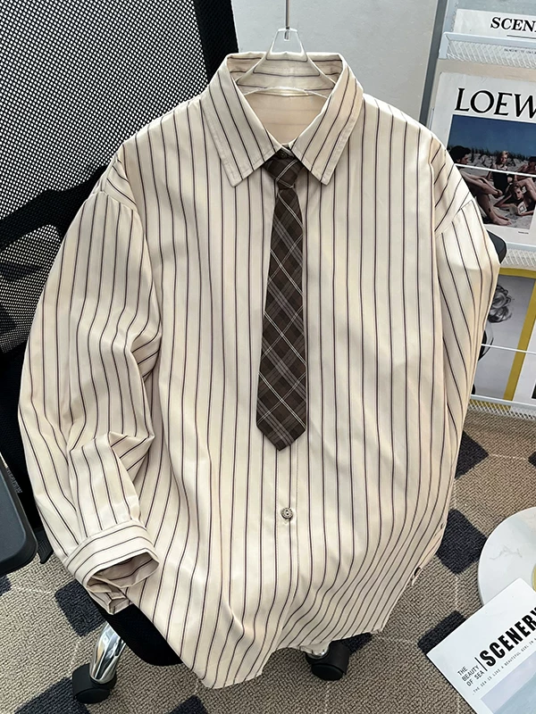 Áo khoác sơ mi sọc cổ điển Nhật Bản dành cho nam, dáng rộng, áo sơ mi dài tay sành điệu có cà vạt, thiết kế xuân thu.