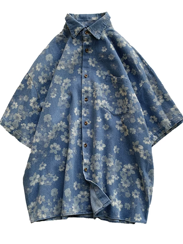 Áo sơ mi denim họa tiết hoa nam ngắn tay mùa hè phong cách Hồng Kông áo sơ mi giản dị phong cách bf thương hiệu thời trang áo khoác nửa tay dáng rộng phong cách retro