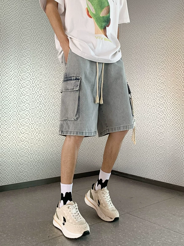 Quần short denim kiểu Mỹ dành cho nam, quần dài vừa phải ống đứng đa năng mùa hè, dáng rộng, quần short năm điểm phong cách retro hợp thời trang.