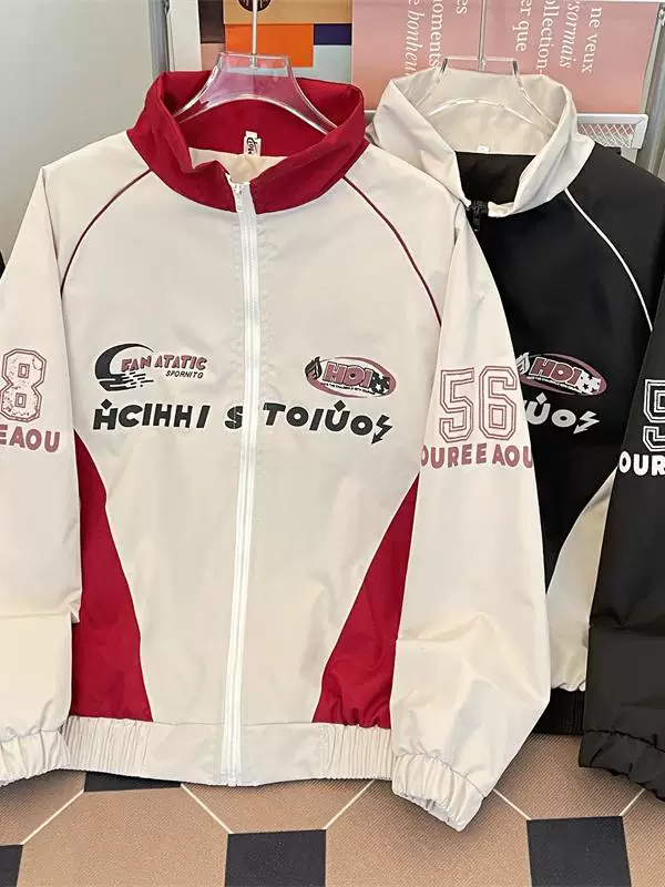 Áo khoác mô tô phong cách Mỹ cổ điển dành cho nam, áo khoác cổ đứng phối màu thu đông mới, kiểu dáng rộng rãi hợp thời trang, trang phục cặp đôi cá tính.