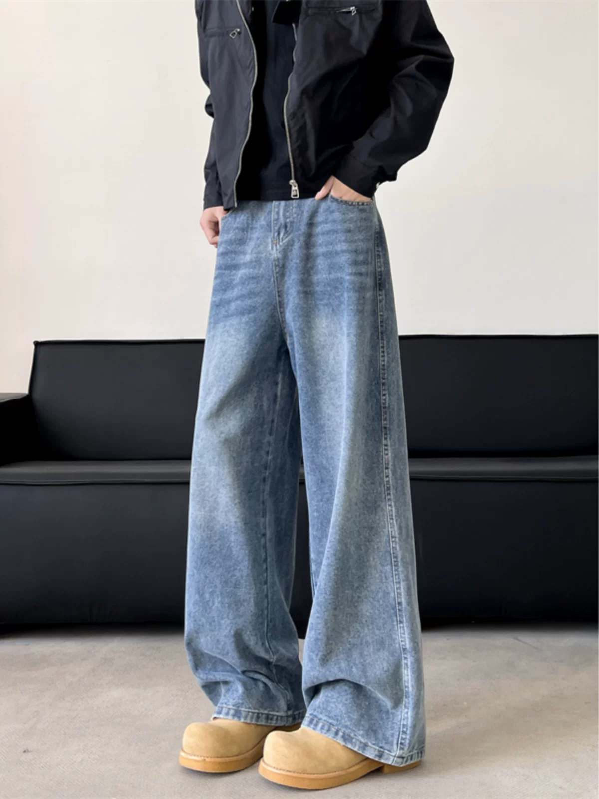 Quần jeans nam vintage đã qua xử lý, dành cho mùa thu đông, phong cách retro Mỹ, thương hiệu thời thượng, quần dài ống rộng thoải mái.