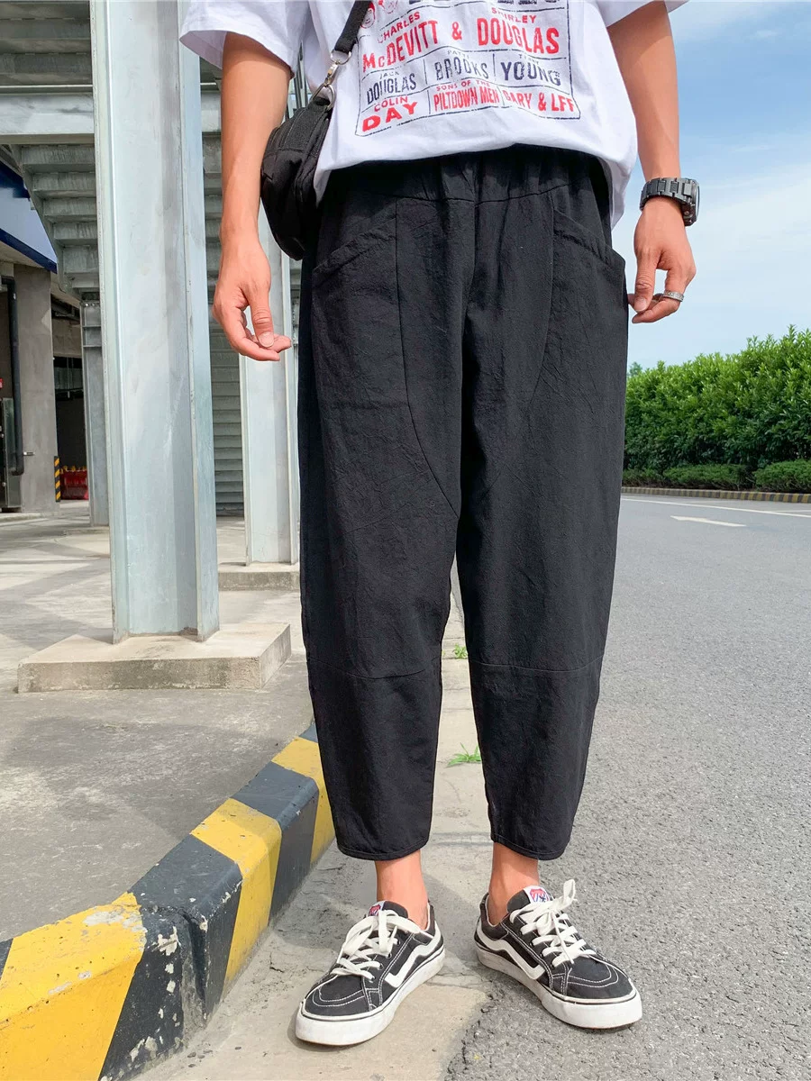 Quần ống đứng màu trơn mỏng phong cách Harajuku mùa hè dành cho nam, quần lửng thời trang Nhật Bản, dáng rộng, dài 9/10, quần thường ngày