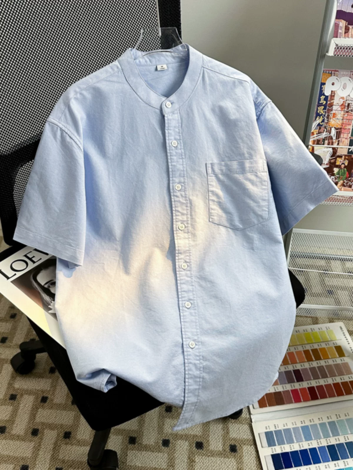 Áo sơ mi nam tay ngắn cổ đứng kiểu Mỹ, áo Oxford chất dày dặn, kiểu dáng rộng rãi, thời trang cao cấp mùa hè.