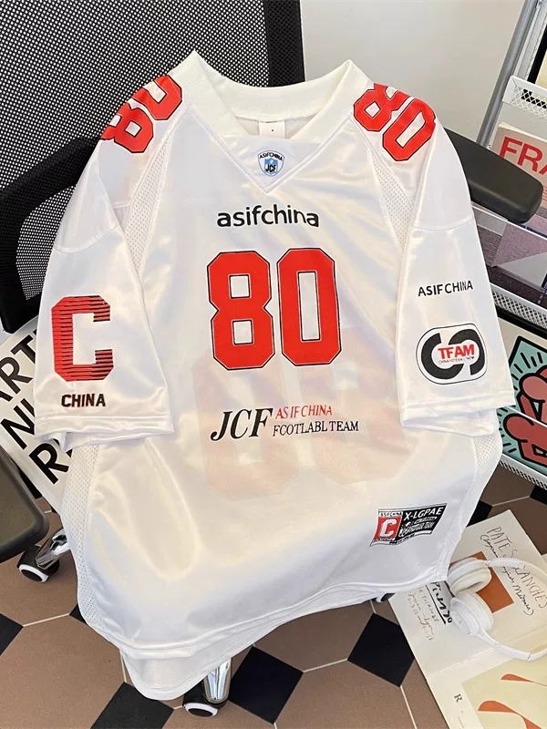 Áo thun nam cổ chữ V in kỹ thuật số kiểu Mỹ, áo jersey nửa tay lưới thoáng khí mùa hè, áo thun lụa đá mát mẻ, kiểu dáng rộng rãi, thương hiệu thời trang.