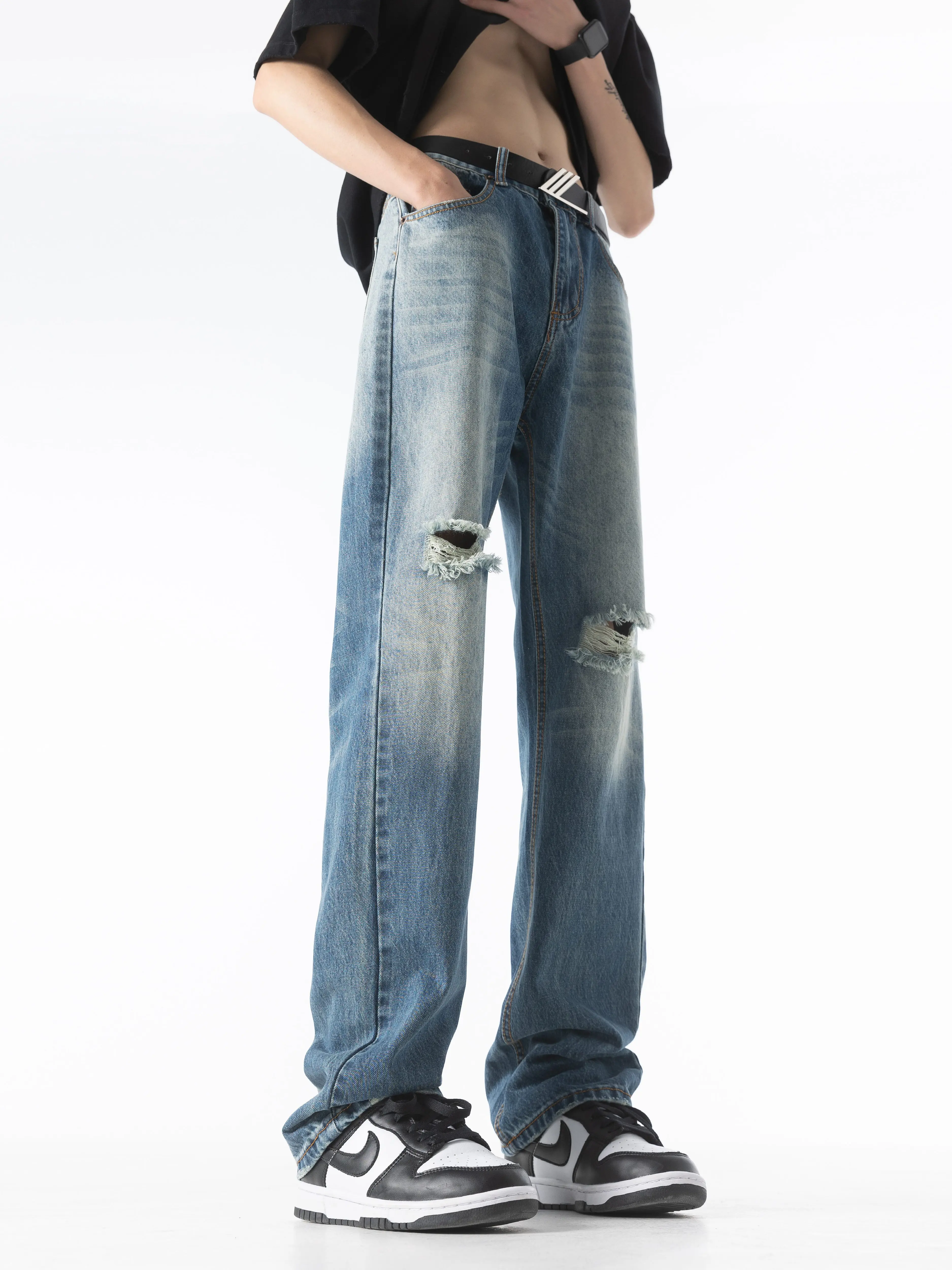 Quần jeans rách phối màu đã qua xử lý giặt mềm dành cho nam, quần ống đứng rộng rãi hợp thời trang mùa thu, quần ống loe phong cách đường phố Mỹ.