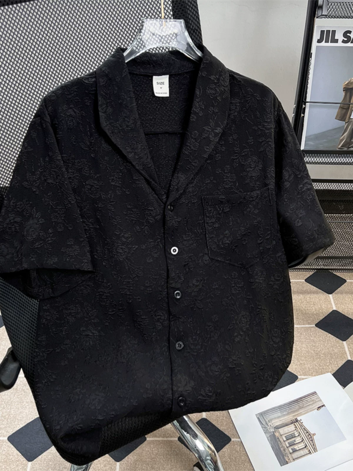 Áo sơ mi jacquard thông thường dành cho nam và nữ, tay ngắn, thiết kế độc đáo, dáng rộng, hợp thời trang mùa hè, áo khoác nửa tay sành điệu.